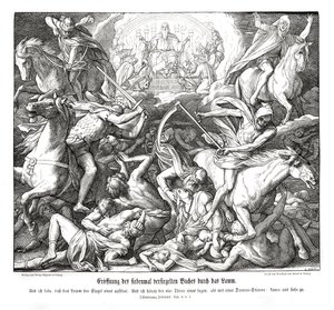 Öffnung des ersten Siegels durch das Lamm, Offenbarung von Julius Schnorr von Carolsfeld