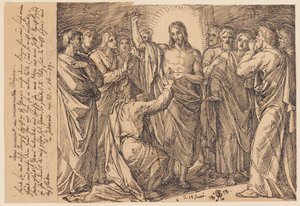 li.: Jesus erscheint den versammelten Jüngern. Friede sei mit euch. Danach spricht er zu Thomas: ...? von Julius Schnorr von Carolsfeld