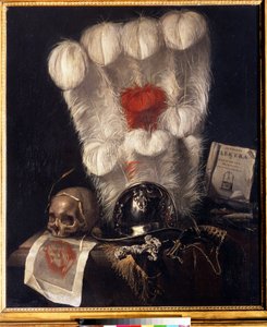 Eitelkeit mit Schädel, umgeben von Weizenähre, Helm, Dolch, Horn, Federn und einem Exemplar von 