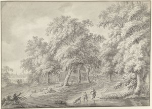 Landschaft mit Mutter und Kind mit Hund, der durch einen Teich watet