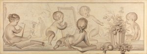 Sechs Putti mit Blumen und Früchten und Attributen der Zeichenkunst von Jurriaan Andriessen (signed by artist)