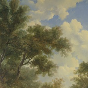 Arkadische Landschaft mit links einem Tempel und im Vordergrund einem sitzenden alten Mann