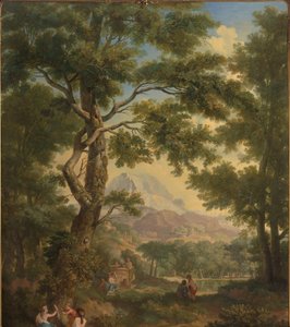 Arkadische Landschaft mit Kindern, einem Vogel und einem Hund im Vordergrund