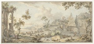 Entwurf für eine Zimmerbemalung mit südlicher Küstenlandschaft und Pyramide