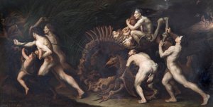 La Carcasse: Eine Hexe wird auf dem Skelett eines Monsters gezogen, vor ca. 1620 von Jusepe de Ribera