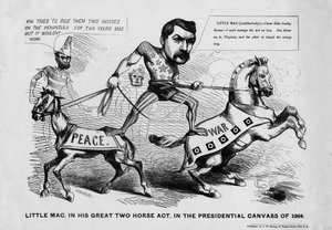 Little Mac, in seinem großen Zwei-Pferde-Akt, im Präsidentschaftswahlkampf von 1864, veröffentlicht von T.W. Strong, New York, ca. 1864 von Justin Howard