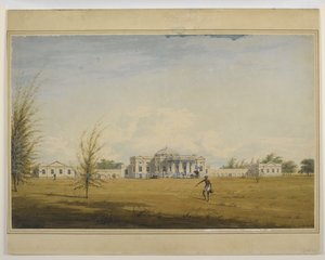 Ein europäisches Haus in Madras, ein Palankin und eine Kutsche an der Tür, ein Wasserträger im Vordergrund von Justinian Gantz