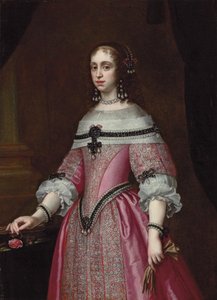 Porträt einer Dame, dreiviertellang, in einem bestickten rosa Kleid, aufwendiger Kopfschmuck und Ohrringe, hält Handschuhe in der linken Hand und eine Rose in der rechten, eine drapierte Säule im Hintergrund von Justus (circle of) Sustermans