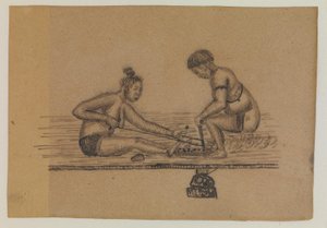 Illustration zu einer Inuit-Legende (zwei nackte Personen machen Feuer) von Kaarale Andreassen