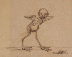 Motiv aus einer ostgrönländischen Sage (Ein Vogelwesen mit Kinderkopf. Einer der beiden Familientupilaks der Familie Andreassen) von Kaarale Andreassen