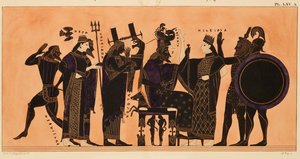Druck der Dekoration auf einer griechischen Amphore, zeigt Hephaistos, Hera, Poseidon, Apollon, Zeus, Athene, Eileithyia, Herakles und Ares, ca. 1844