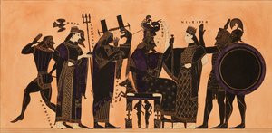 Druck der Dekoration auf einer griechischen Amphore, zeigt Hephaistos, Hera, Poseidon