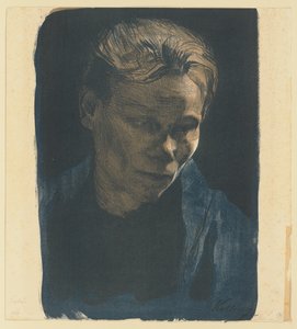 Halbporträt einer Arbeiterfrau mit blauem Schal von Käthe Kollwitz
