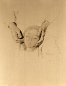 K. Kollwitz, Kopf eines Kindes in Händen