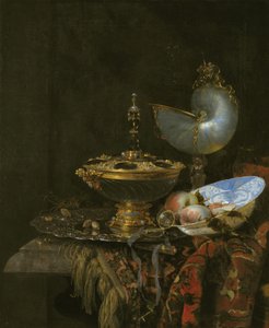Prunkstillleben mit Holbein-Schale, Nautilus-Pokal, Glasbecher und Obstschale