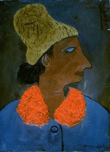 Frau mit orangem Kragen