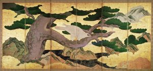 Die Falken in den Kiefern, 6-teiliger Faltbildschirm von Kano Eitoku