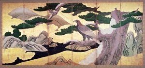 Die Falken in den Kiefern, 6-teiliger Faltbildschirm (Feder und Tinte, Farbe, Gold auf Panel) von Kano Eitoku