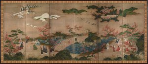Ahornbetrachter. Ein sechsteiliges Faltbildschirm, 16. Jahrhundert von Kano Hideyori