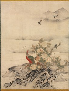 Blumen und Vögel in einer Frühlingslandschaft, 1500er von Kano Motonobu