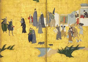 (Detail) Die südlichen Barbaren kommen zum Handel, Paar von sechsteiligen Bildschirmen, frühes 17. Jahrhundert von Kano Naizen