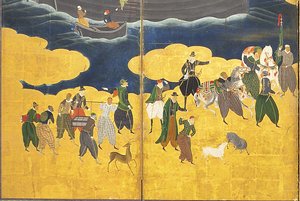 Detail der südlichen Barbaren kommen zum Handel, Paar von sechsteiligen Bildschirmen, frühes 17. Jahrhundert von Kano Naizen