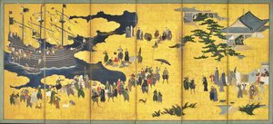 Südliche Barbaren kommen zum Handel, Paar von sechs Paneel-Bildschirmen, frühes 17. Jahrhundert von Kano Naizen