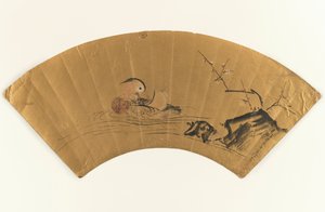 Mandarinente und blühender Pflaumenbaum