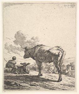 Kuhhirte mit Kuh und Kalb auf einem Hügel, der Kuhhirte von hinten gesehen und sitzend, 1658 von Karel Du Jardin