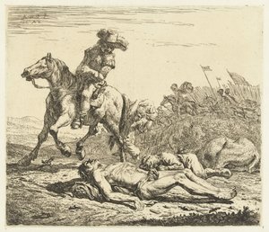 Schlachtfeld mit Soldat zu Pferd und zwei Toten von Karel Du Jardin