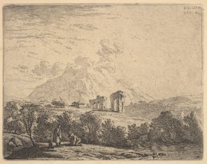 Ansicht eines Hügels mit Ruinen, einem Aquädukt und einem Berggipfel im Hintergrund, im Vordergrund ein m..., 1658