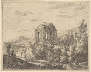 Ansicht von Ruinen mit der Ecke eines Gebäudes mit zwei Rundbogenfenstern, in einer Landschaft, 1658