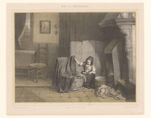 Interieur mit einem Mädchen bei der Wiege Frühe Sorgen von Karel Frederik Bombled