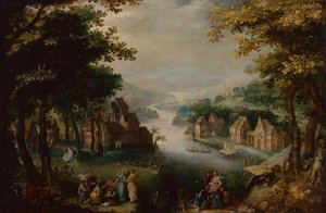 Die Auffindung des Moses mit einem eleganten Paar, Diener und Jäger