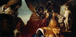 Hydaspes und Persina vor einem Gemälde von Andromeda von Karel van III Mander