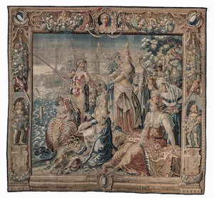 Antonius und Kleopatra (Antonius fängt einen gesalzenen Fisch); Wandteppich, Datum unbekannt von Karel van II Mander