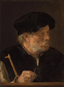 Ein Mann, brustlang, hält einen Stock und seine Brille, an einer hölzernen Kante von Karel van der Pluym