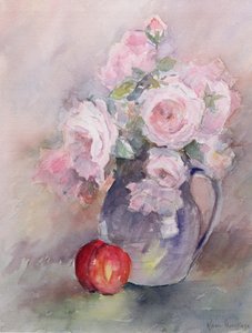 Rosa Rosen in einem blauen Krug, 1994 von Karen Armitage