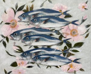 Blaue Fische rosa Blumen