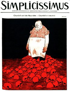 Titelblatt der deutschen Zeitschrift Simplicissimus (ca. 1940) zeigt Churchill und einen Fluss aus Blut und Schädeln