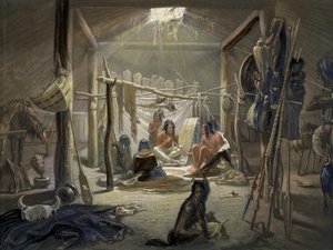 Das Innere einer Hütte eines Mandan-Häuptlings, Tafel 19 aus Band 2 von Reisen im Inneren Nordamerikas, graviert von Narcisse Desmadryl, 1844 (Detail)