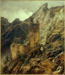 Carl Friedrich Lessing, Felsenlandschaft: Schlucht mit Ruinen
