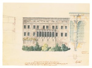 Ein Entwurf für ein neues Treppenhaus an der Nordfassade des Schlosses in Stettin, mit einer Nebenskizze der Loggia, einem Querschnitt der Fassade und einem Pilaster, ca. 1840 von Karl Friedrich Schinkel