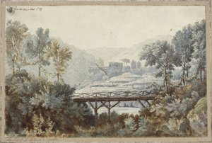 Aline, Königin von Golkonda. Oper von Henri-Montan Berton. Entwurf zur 2. Dekoration. Landschaft mit Fluss und Brücke von Karl Friedrich Schinkel