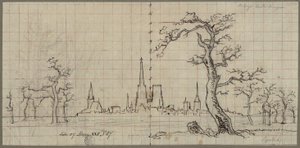 Ansicht einer Stadt mit hoch aufragender Kathedrale in einer winterlichen Landschaft von Karl Friedrich Schinkel