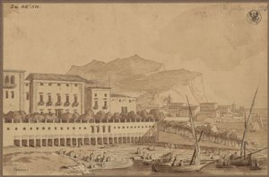 "Ansicht vom Altan meiner Wohnung in Palermo, der kleine Stadthafen, in der Ferne der Monte Pellegrino" von Karl Friedrich Schinkel