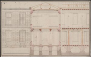 Berlin. Akademiegebäude Unter den Linden. Teilaufriss der Fassade, Teillängsschnittdetail und Querschnitt von Karl Friedrich Schinkel