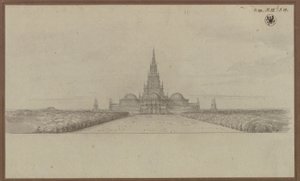 Berlin. Entwurf zu einem Dom als Denkmal für die Befreiungskriege (Befreiungsdom) mit Vierungsturm und Kuppeln über den Kreuzarmen von Karl Friedrich Schinkel