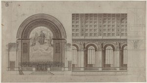 Berlin, Unter den Linden. Entwurf zu einem Saal für die Singakademie im rückwärtigen Flügel der Akademie der Künste. Querschnitt und Längsschnitt von Karl Friedrich Schinkel