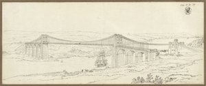 Blick auf die Hängebrücke über die Menai Strait bei Bangor in Wales von Karl Friedrich Schinkel